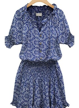 风蓝色印花V领短袖连衣裙短裙Dress Short skirt