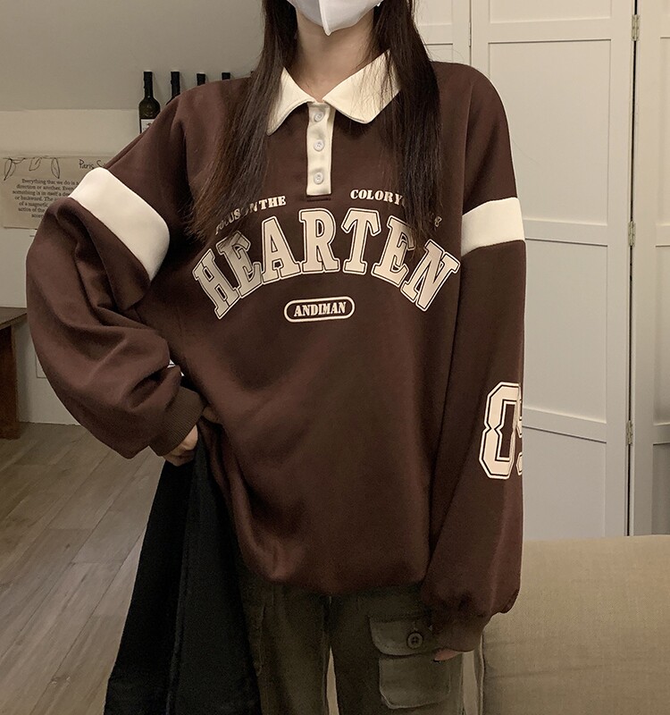 卫衣女2023新款chic学院风美式秋冬季撞色Polo领运动加绒加厚外套
