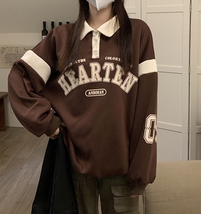 卫衣女2023新款chic学院风美式秋冬季撞色Polo领运动加绒加厚外套