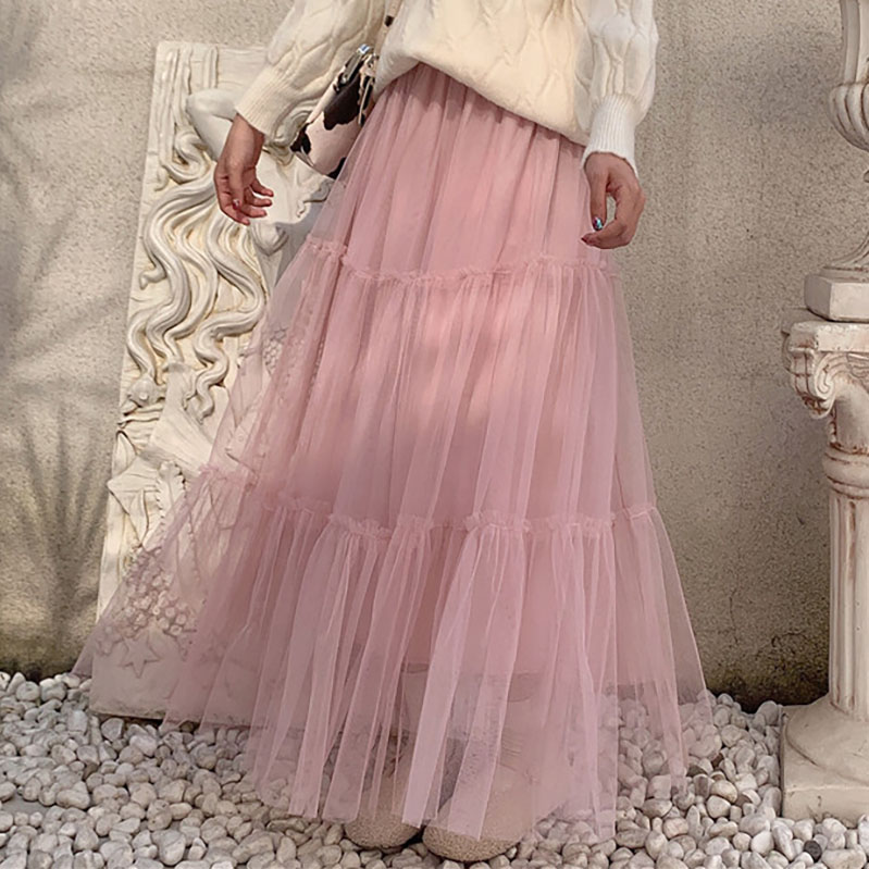 Real price new high waist A-line pleated skirt mid length super fairy yarn skirt in 2021