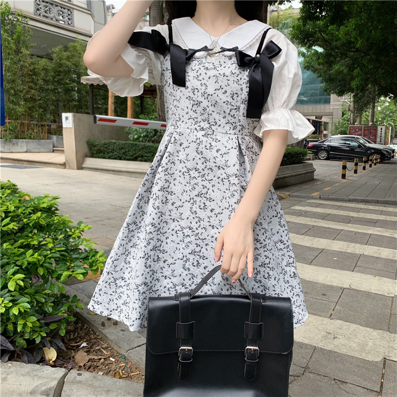 Real price small super fairy sweet bow waist slim French floral skirt + Lace Top