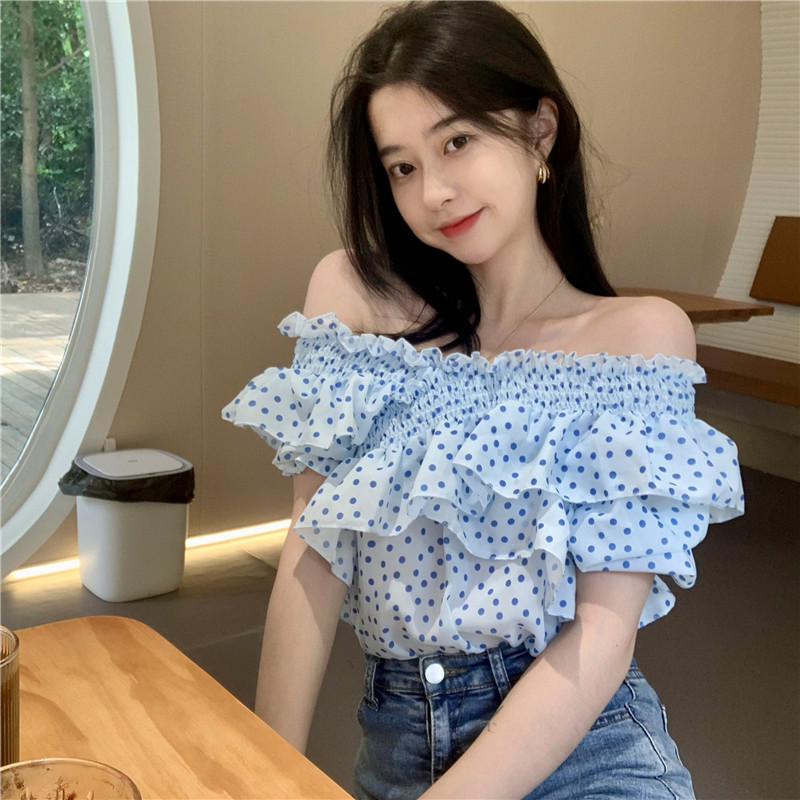 Real price French bubble sleeve chic top women's design minority V-neck Chiffon short sleeve sweet shirt summer