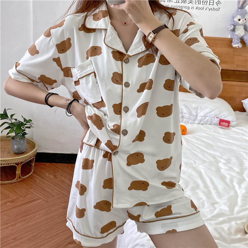 Bear pajamas Girls Summer Cotton thin short sleeve Shorts New Year Students lovely