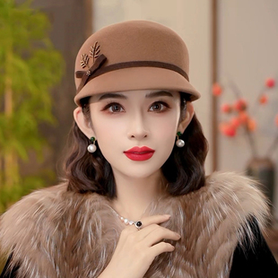 2025秋冬季帽子女骑士帽纯羊毛定型帽礼帽羊毛呢圆顶复古时尚英伦