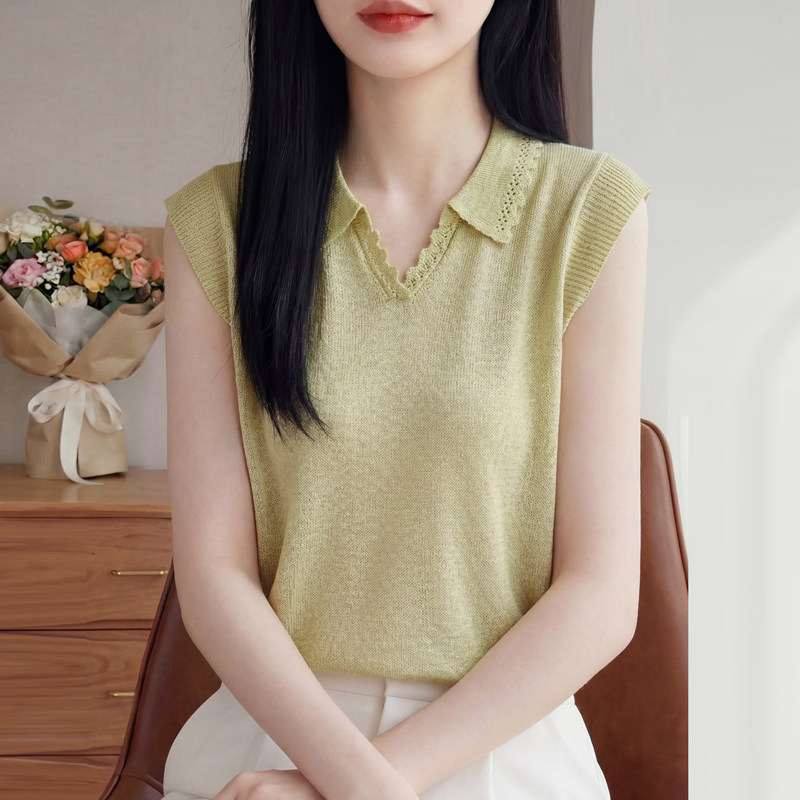 短袖女轻淑风V领镂空针织衫上衣