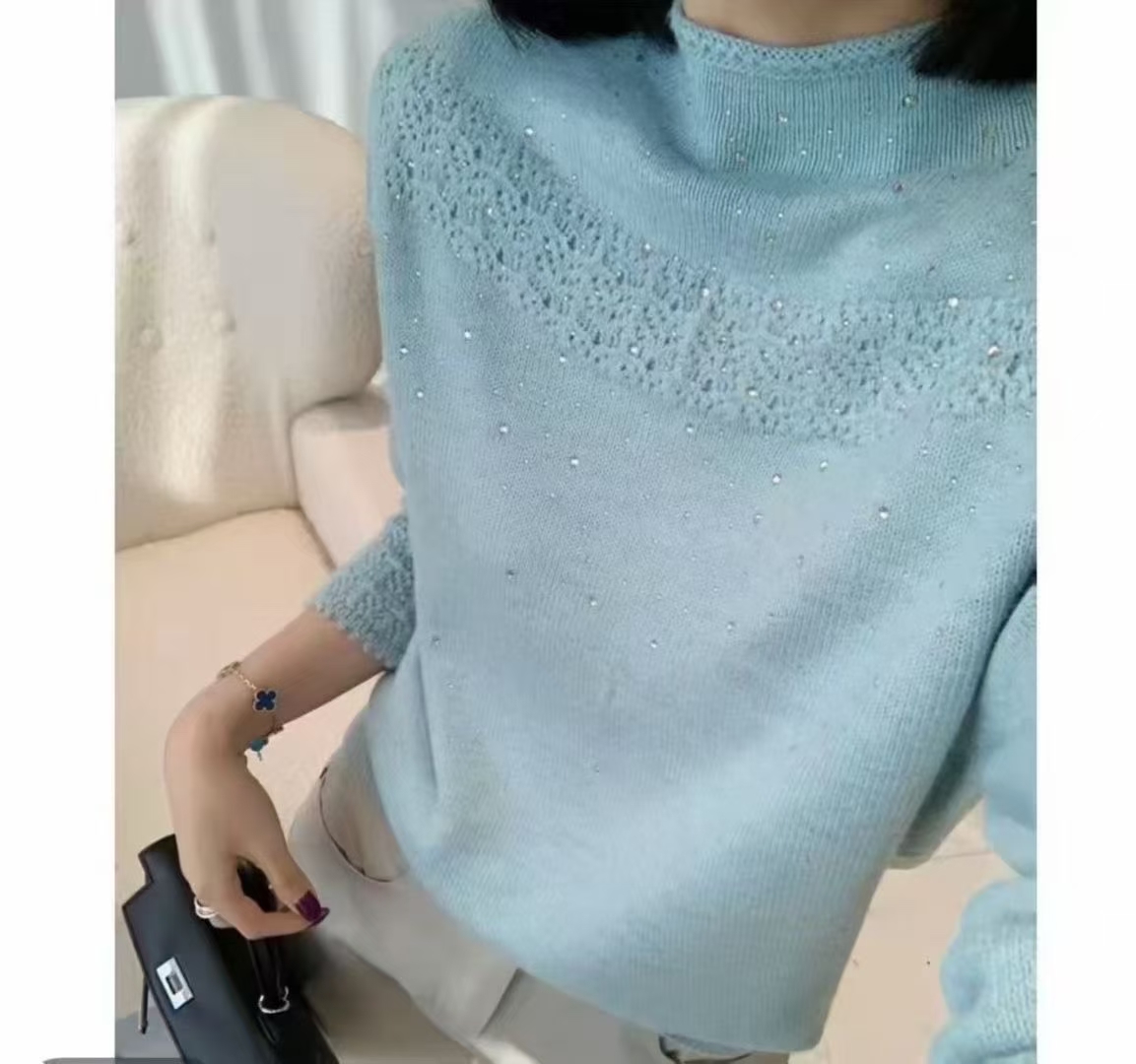 秋冬新款半高领烫钻超细羊毛衫女修身长袖毛衣薄款时尚针织打底衫