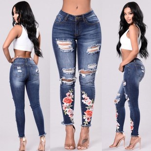 2019Fashion summer stretch ripped jeans women pencil pants女