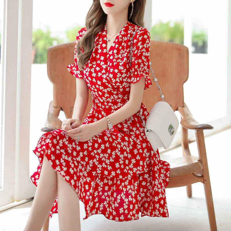 碎花雪纺连衣裙2022 summer women fashion floral chiffon dress