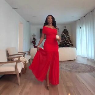 拼接辣妹礼服新 红色网纱度假长款 欧美风INS气质单肩长袖 开衩长款