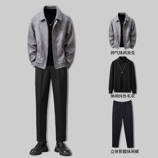 2025新款冬季呢子夹克男高品质帅气毛呢外套男士高级感秋冬装套装