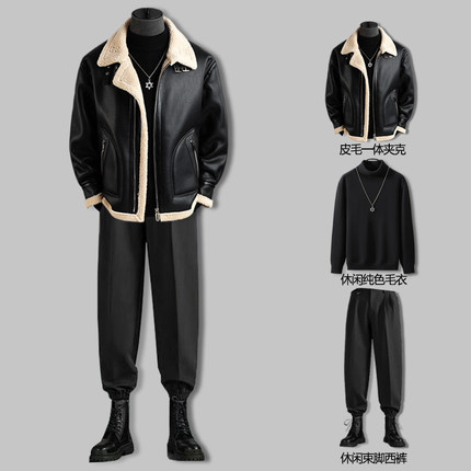 皮毛一体加绒加厚棉衣男2023新款羊羔棉服棉袄外套男冬季套装男潮