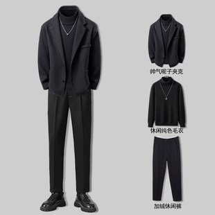 毛呢外套冬装男2025新款西装领潮牌高级感短款呢子夹克男痞帅套装