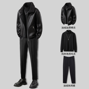 男士外套2025新款冬装加绒加厚皮毛一体羊羔毛棉衣男装高级感套装