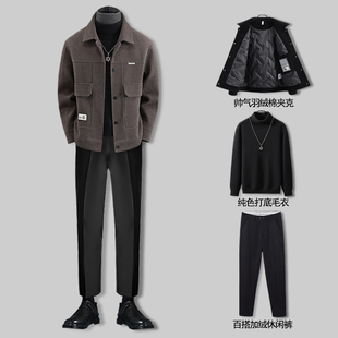 高级感男装 羽绒棉服呢子夹克男冬季 套装 轻薄男士 毛呢外套 2025新款