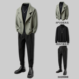 男装2025新款冬装毛呢外套高级感帅气超火西装领呢子夹克男装套装