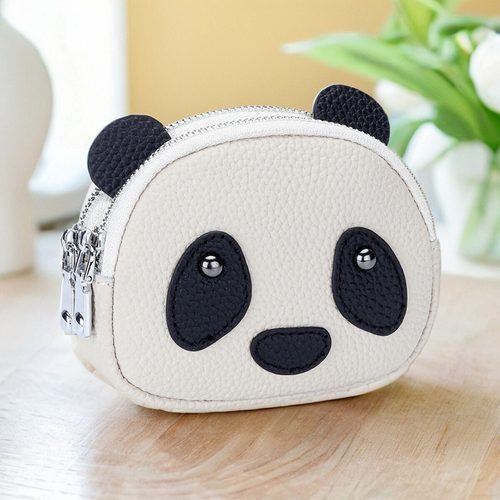 可爱熊猫零钱包头层牛皮双层拉链