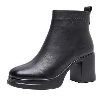 真皮高跟短靴女靴子粗跟春秋单靴