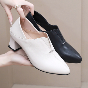 真皮粗跟春秋单鞋女2026新款时尚气质通勤不累脚高跟鞋深口小皮鞋