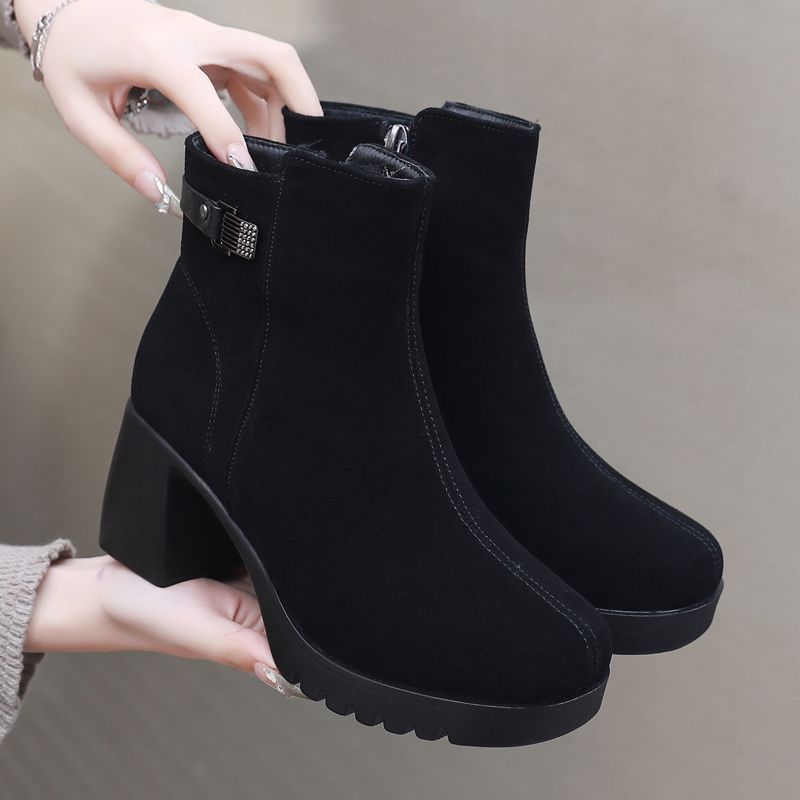 翻毛皮真皮厚底女鞋防水台短靴女