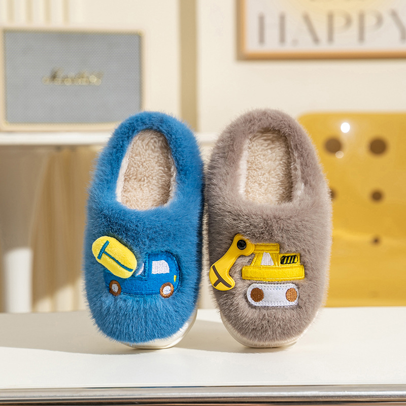 秋冬新品挖掘机棉拖鞋男儿童居家室内防滑软底卡通卡车挖土机小孩
