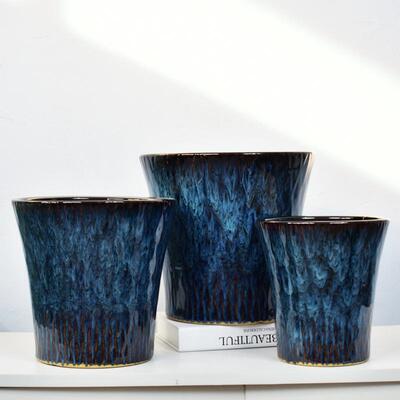 陶瓷花盆特大号小蛮腰暗纹孔雀蓝陶瓷花现代简约盆中式北欧家居