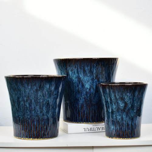 陶瓷花盆特大号小蛮腰暗纹孔雀蓝陶瓷花现代简约盆中式北欧家居