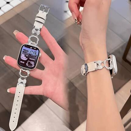 适用Apple苹果iwatchS110Ultra98765432手表带可爱闪钻KT猫皮质女