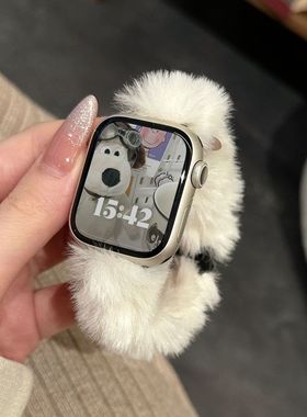 适用Apple苹果iWatchS11109Ultra仿兔绒毛876543手表带女秋冬真皮