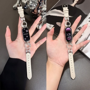 适用小米手环10陶瓷版 凯蒂猫镶钻拼真皮质表带高级感女 9NFC8细款