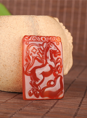 巴西红玉髓马上有福生肖马吊坠 马上有钱玛瑙红方牌马到成功挂件