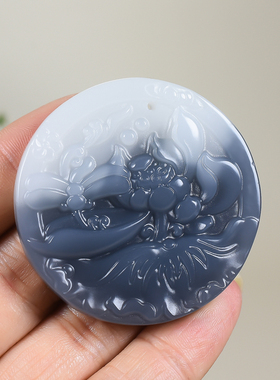 新疆和田羊脂玉青花籽料花开富贵吊坠昆仑黑白玉一品清廉牌子挂件