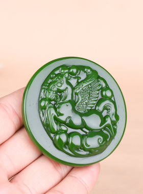 玉石匠新疆和田碧玉飞马皮带扣 生肖马腰扣 菠菜绿色马上有钱腰饰