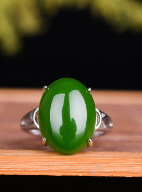 新疆和田碧玉戒指女款活扣戒子网红款925银镶嵌老坑碧玉指环首饰