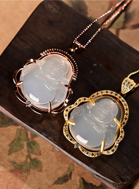 正品白玉髓弥勒佛吊坠 925银镶嵌笑佛挂件 女款玉髓小佛公玉坠