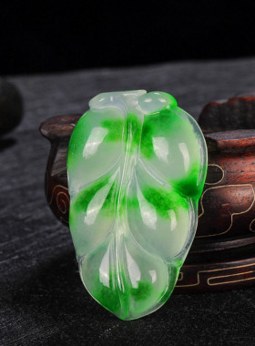 缅甸老坑A货飘花翡翠树叶吊坠金枝玉叶挂件一夜发男女玉坠