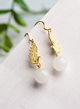 新疆和田白玉圆珠耳坠古法金凤凰镶嵌白玉耳环防过敏羊脂玉耳饰品