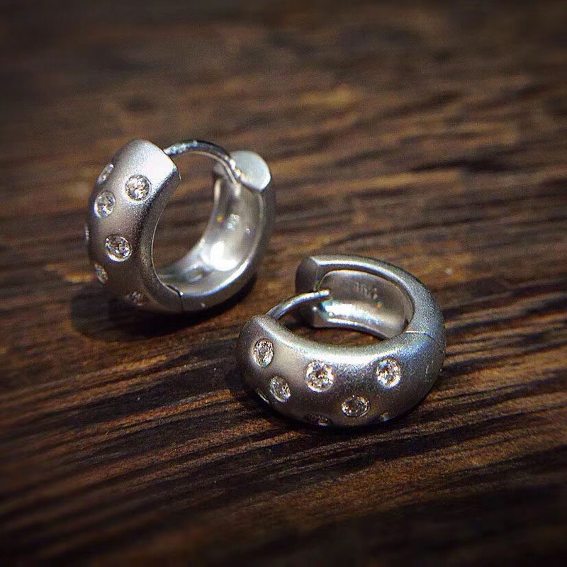 18白金群镶真钻石耳环耳包耳圈磨砂男女款宽版单只定制铂金耳饰