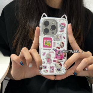 MOJITO|ins卡通可爱猫耳朵镜面满屏猫咪少女适用于苹果16promax手机壳iPhone15pro全包硬壳14/13防摔保护套