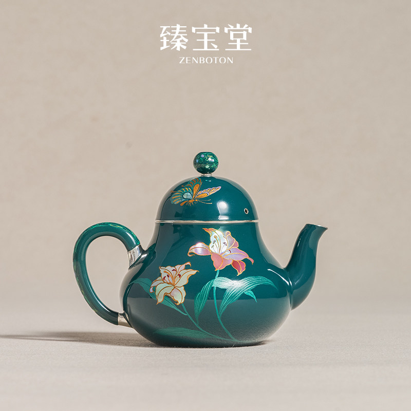 臻宝堂银壶纯手工制作大漆百合思亭壶9999纯银泡茶壶高端功夫茶具