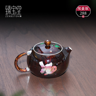 臻寶堂銀壺大漆螺鈿西施壺999純銀泡茶壺純手工一張打壺足銀茶具