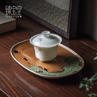 干泡台纯手工镶银螃蟹储水养壶托盘中式 臻宝堂铜壶承一体款 茶具