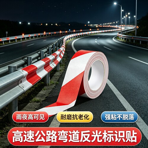 夜间高速公路弯道反光标识贴护栏立柱高亮晶格纹红白反光警示胶带