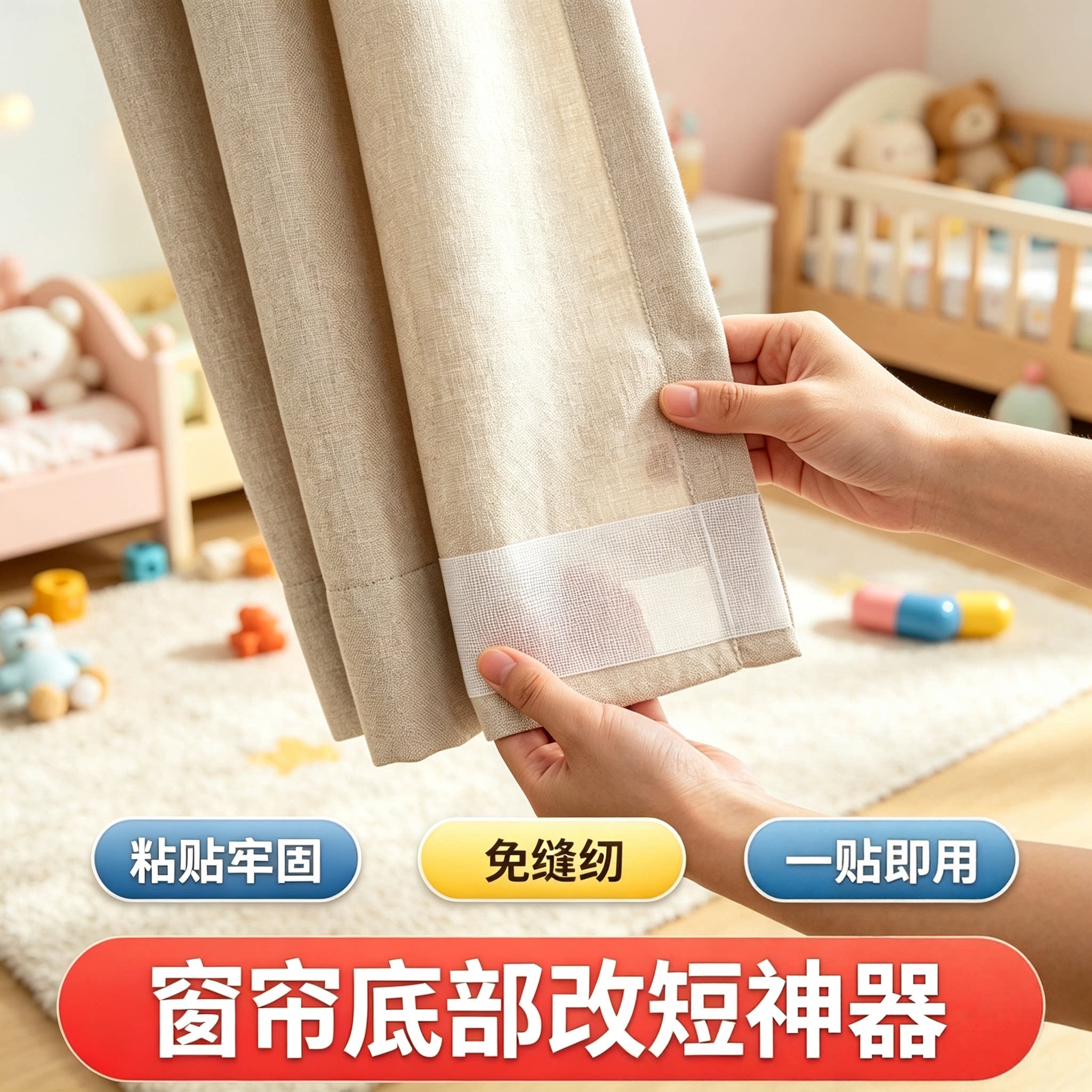 窗帘太长改短神器一贴即用帘布变短底部固定免剪免缝强力无痕布贴图片