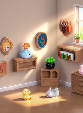 微缩挂壁书架挂画多肉盆栽 娃娃屋桌面角落场景治愈系装饰小摆件