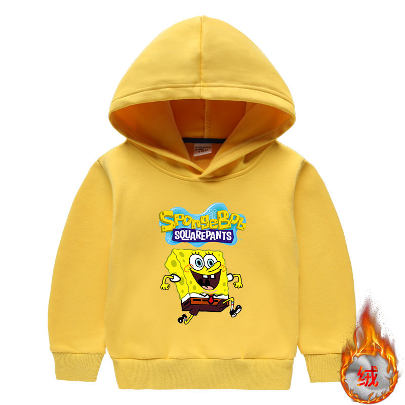 男童加厚连帽卫衣冬装海绵宝宝图案儿童加绒衣服女童冬季上衣外套