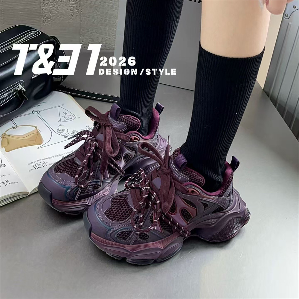 T31女鞋2026秋季新款乌梅子酱老爹鞋果冻厚底网面撞色休闲运动鞋