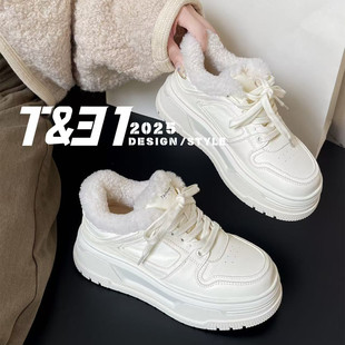 加绒保暖羊羔毛休闲板鞋 T31女鞋 厚底真皮小白鞋 新款 显高 2025冬季