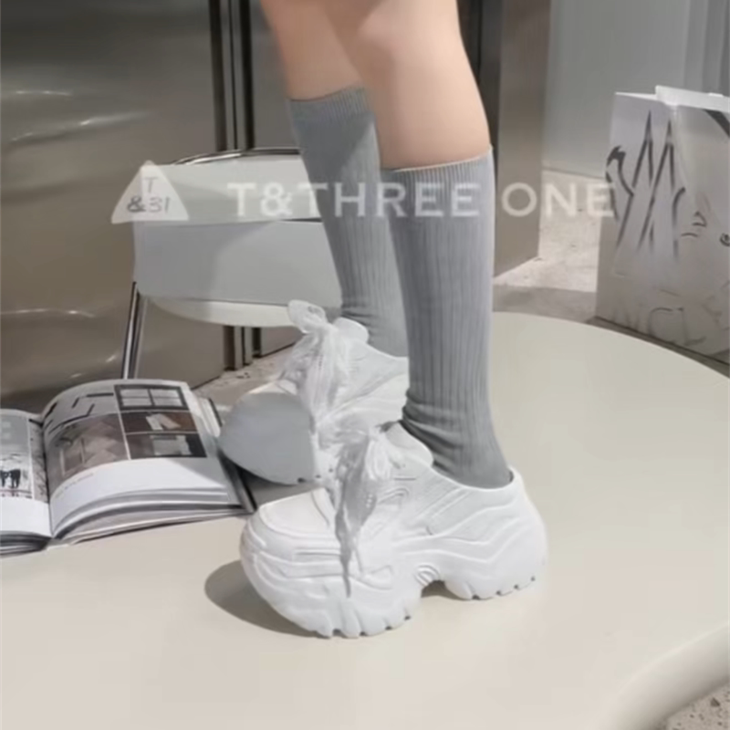 T31女鞋2026春夏新款松糕厚底老爹鞋蕾丝网面拼真皮8cm半拖休闲