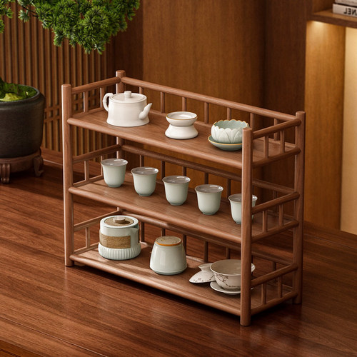 实木三层茶桌茶杯盖碗茶叶罐收纳置物茶具展示架新中式桌面博古架