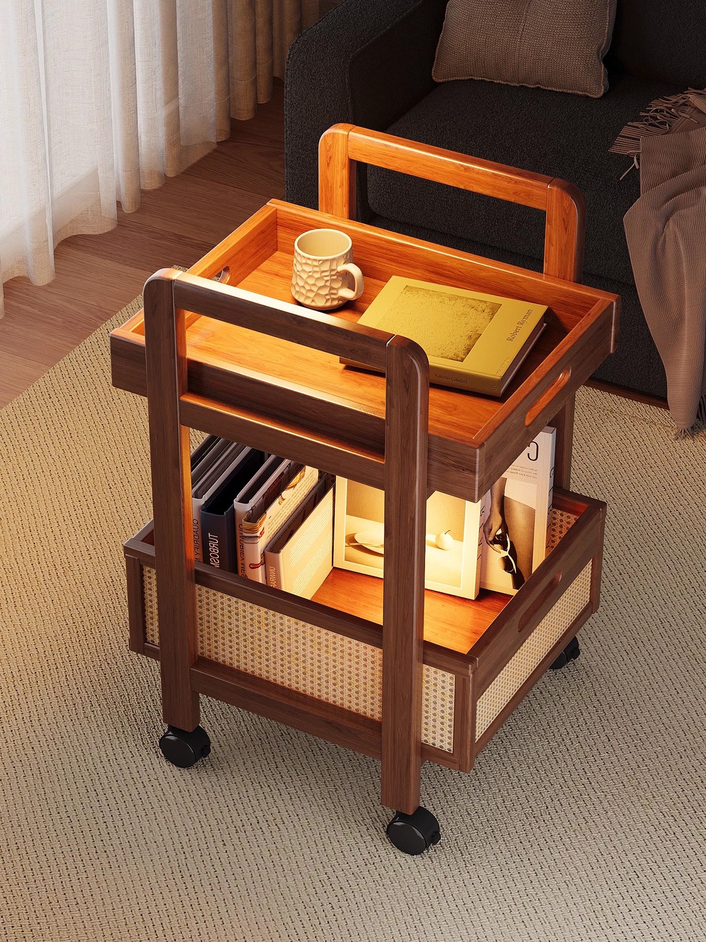 可移动小推车中古茶几沙发侧边柜桌子客厅卧室小型零食置物架带轮